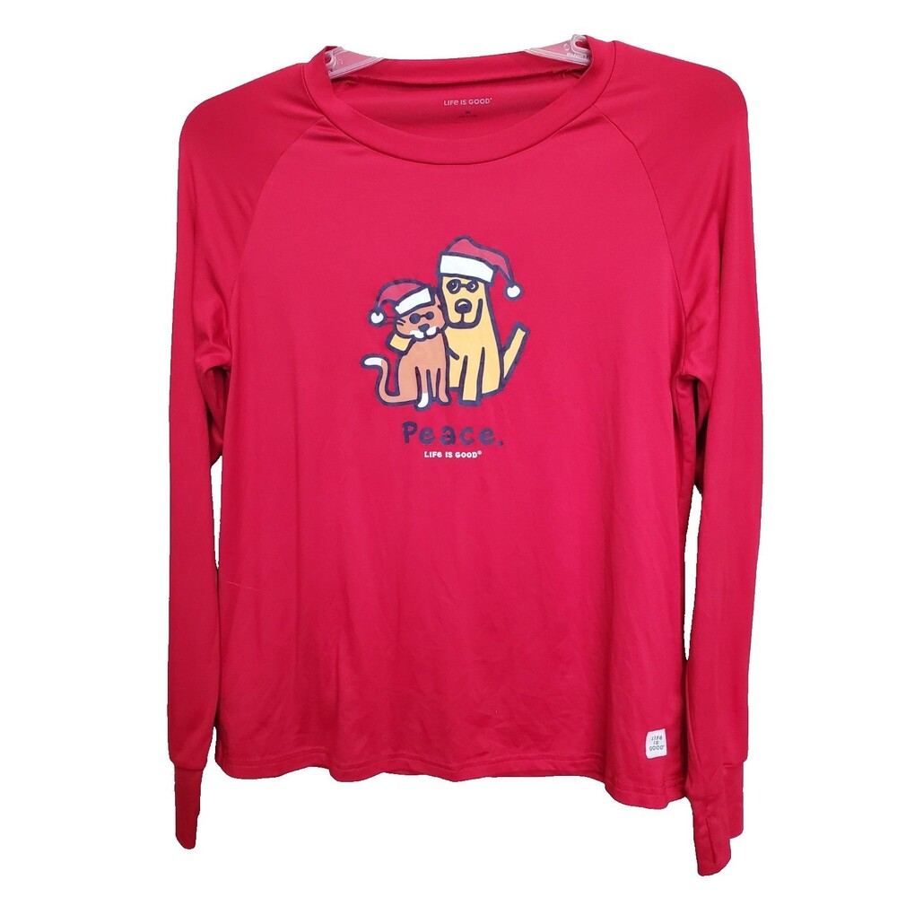 Life is Good Sleep Men's Red Long Sleeve Dog Cat Santa Peace T-Shirt Size Medium